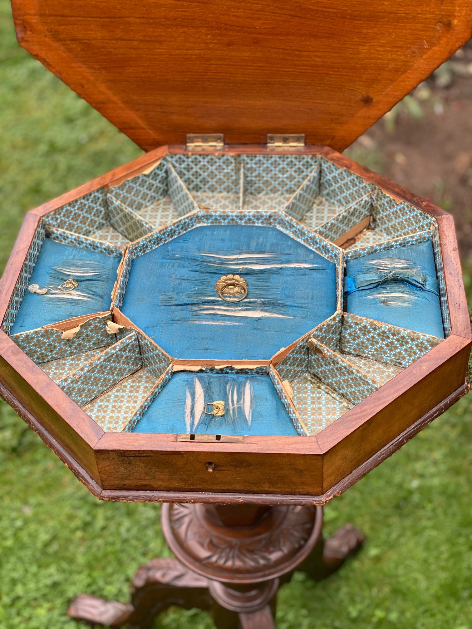 Victorian walnut trumpet shape sewing work box with inlaid chess board top