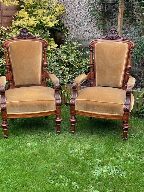 A pair of Mahogany late Victorian early Edwardian circa 1890 1900 arm chairs with monogram C G carved in back 1062 Station Antiques Collectibles