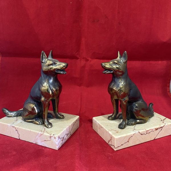Art Deco French Spelter Dog Bookends On Marble Bases C1930 (1278)