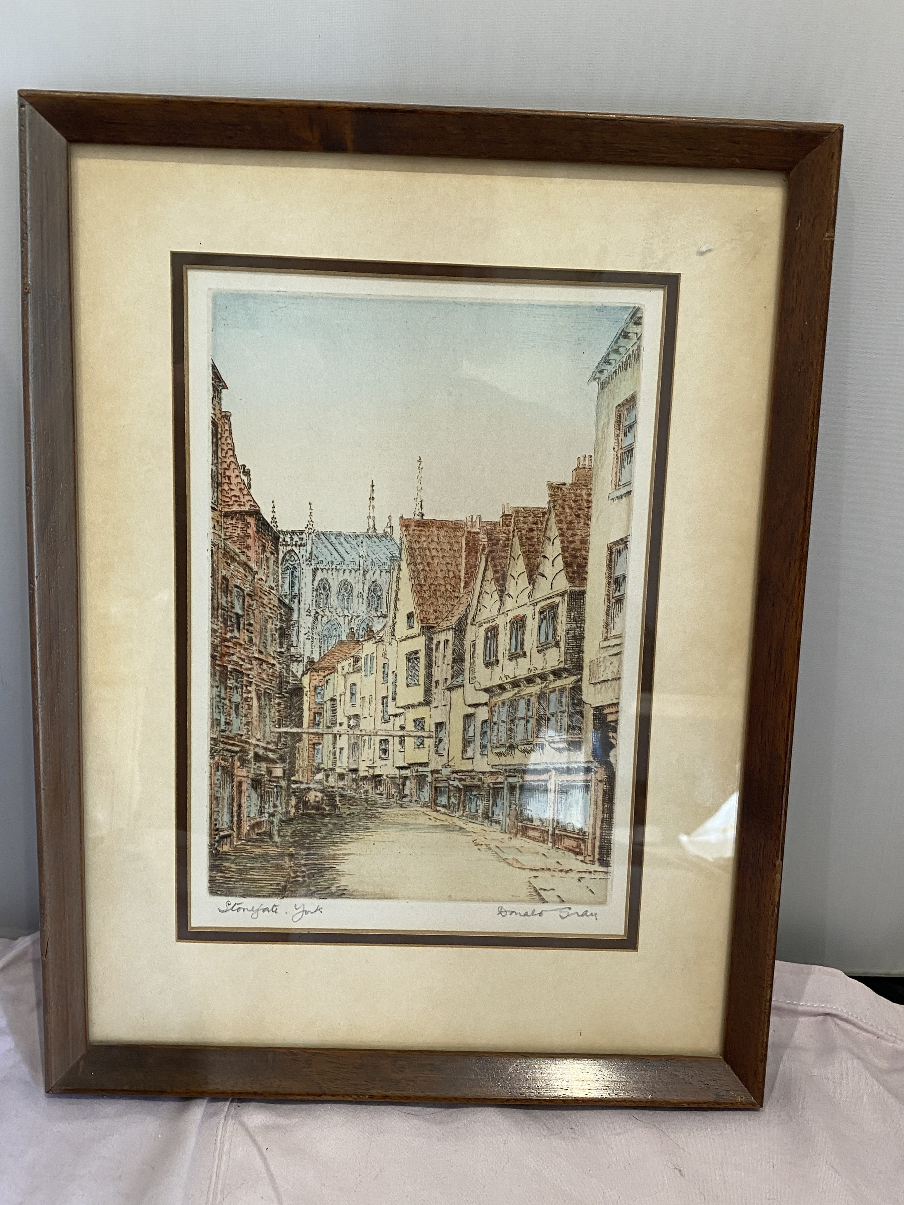 Framed hand coloured etching titled Stonegate York by Donald Gray (1284) - Image 9