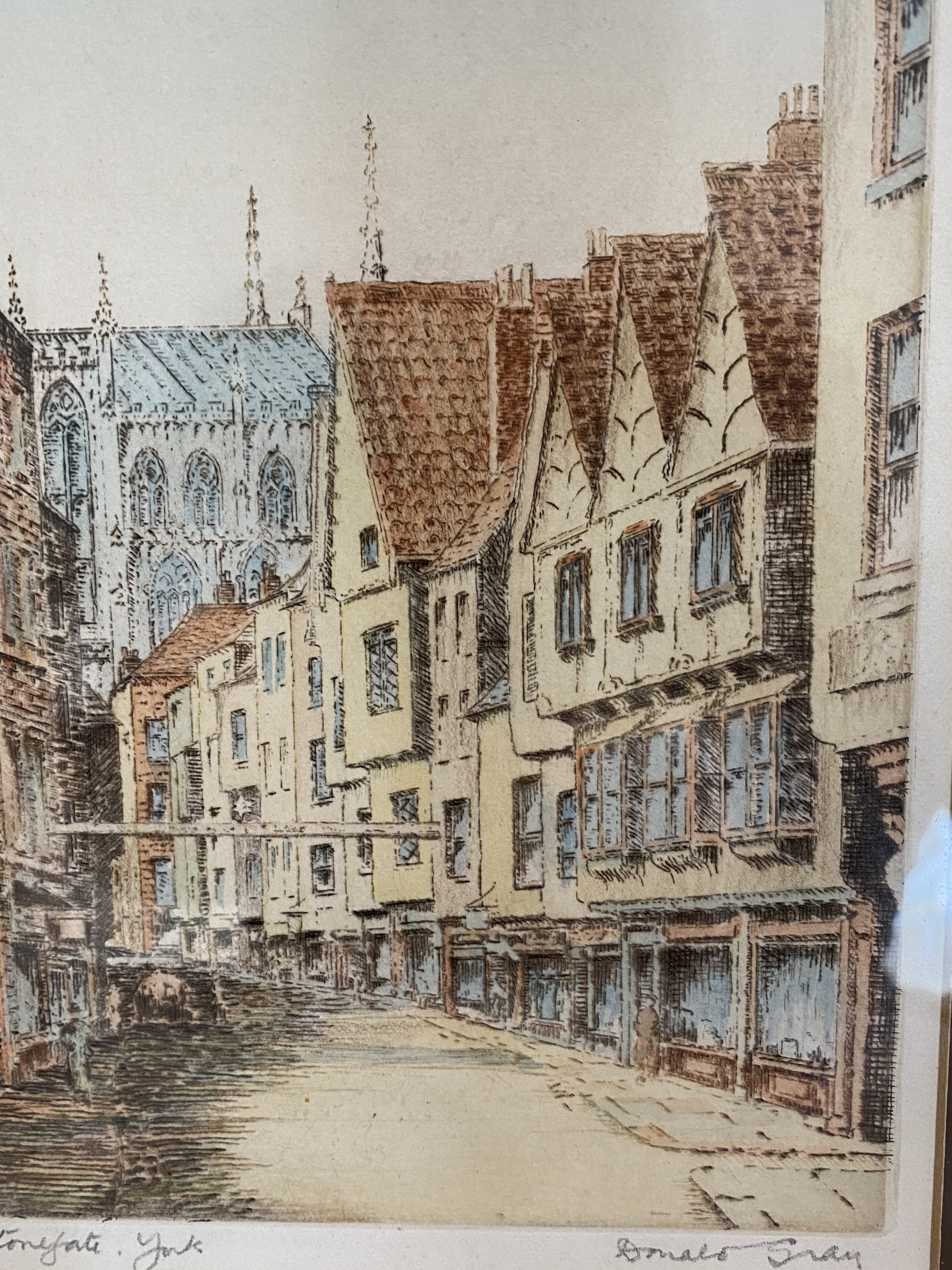 Framed hand coloured etching titled Stonegate York by Donald Gray (1284) - Image 7