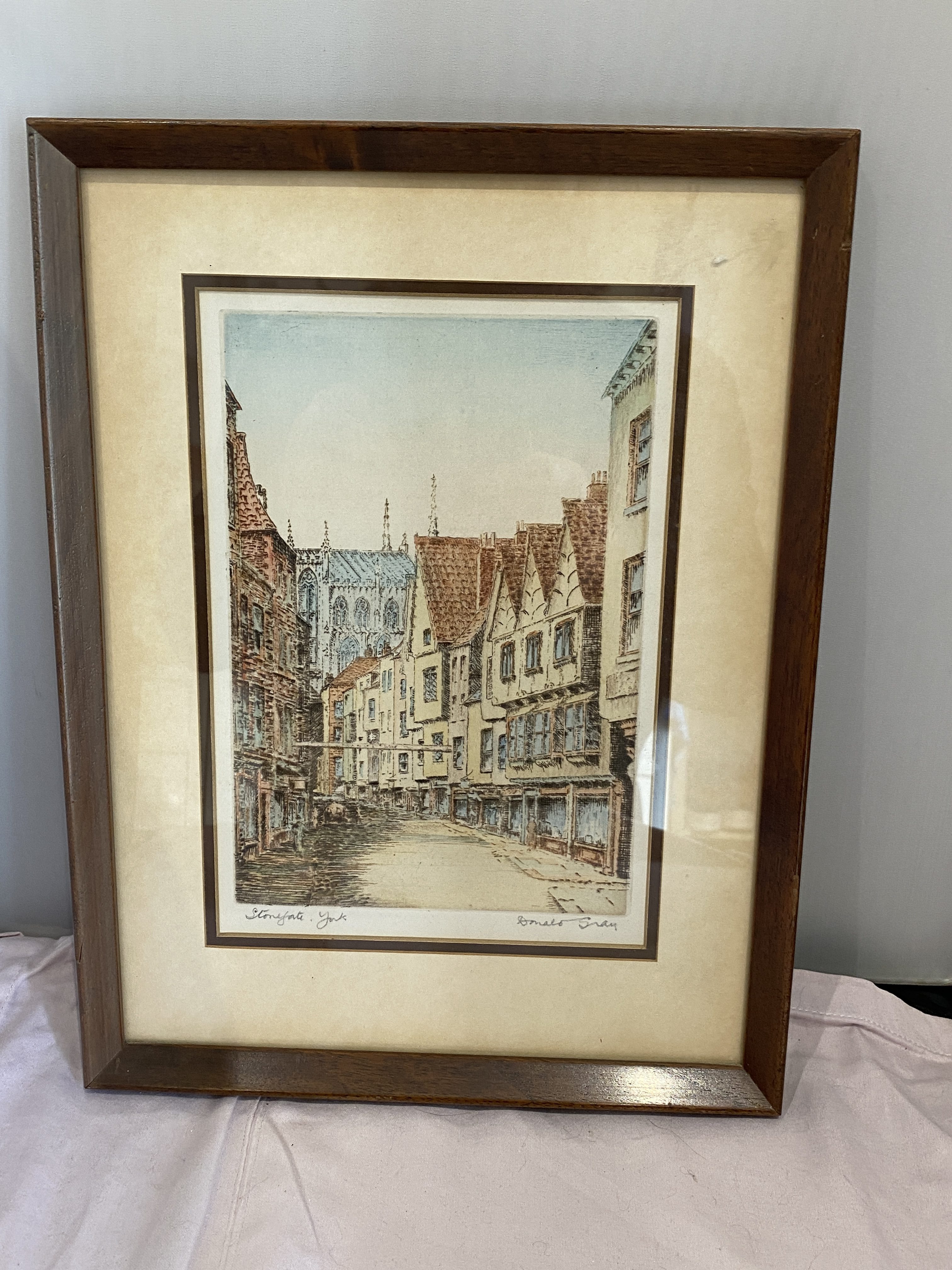 Framed hand coloured etching titled Stonegate York by Donald Gray (1284)
