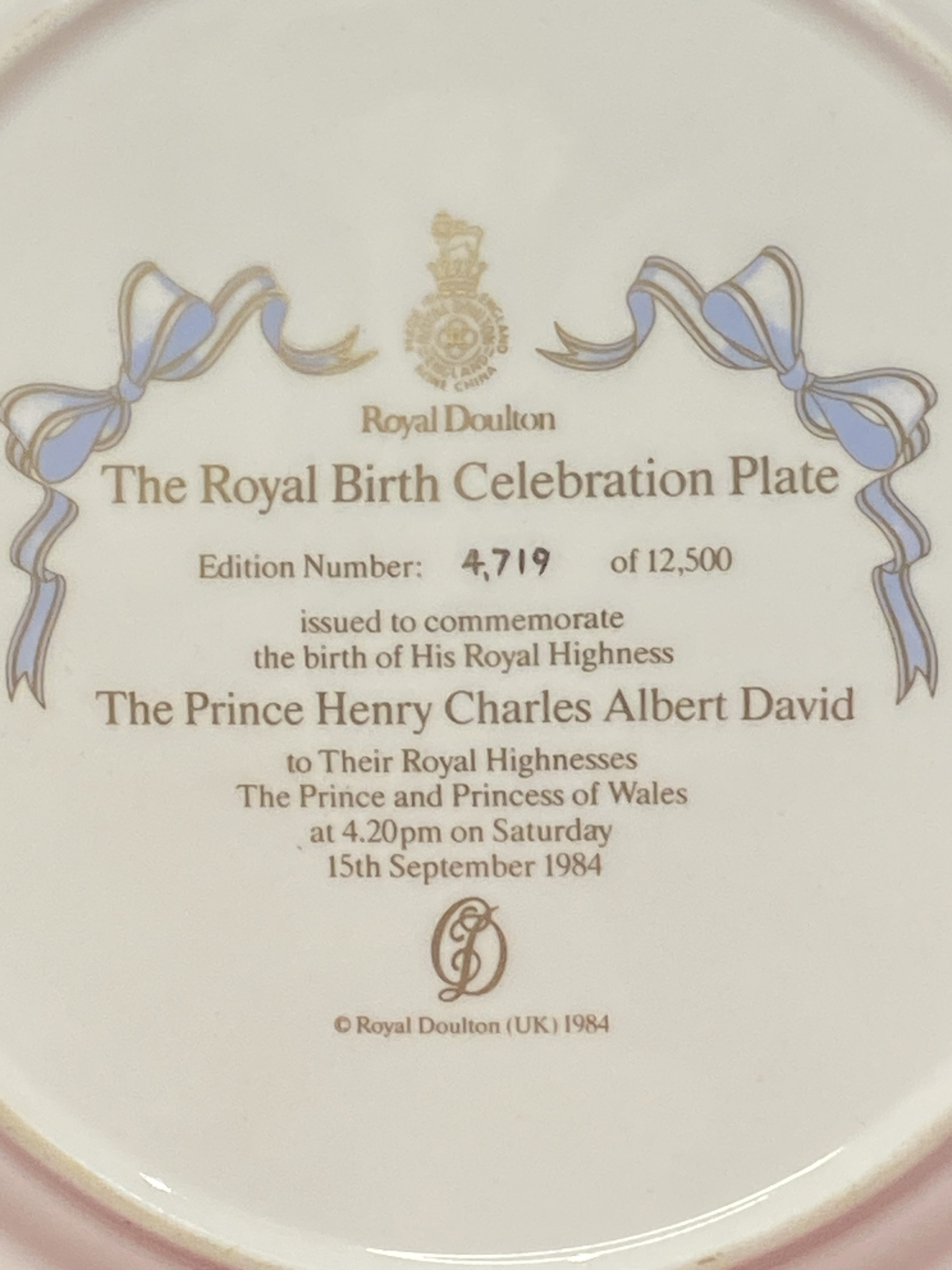 Royal Doulton The Birth Celebration Plate The Prince Henry Charles Albert David (1317) - Image 3