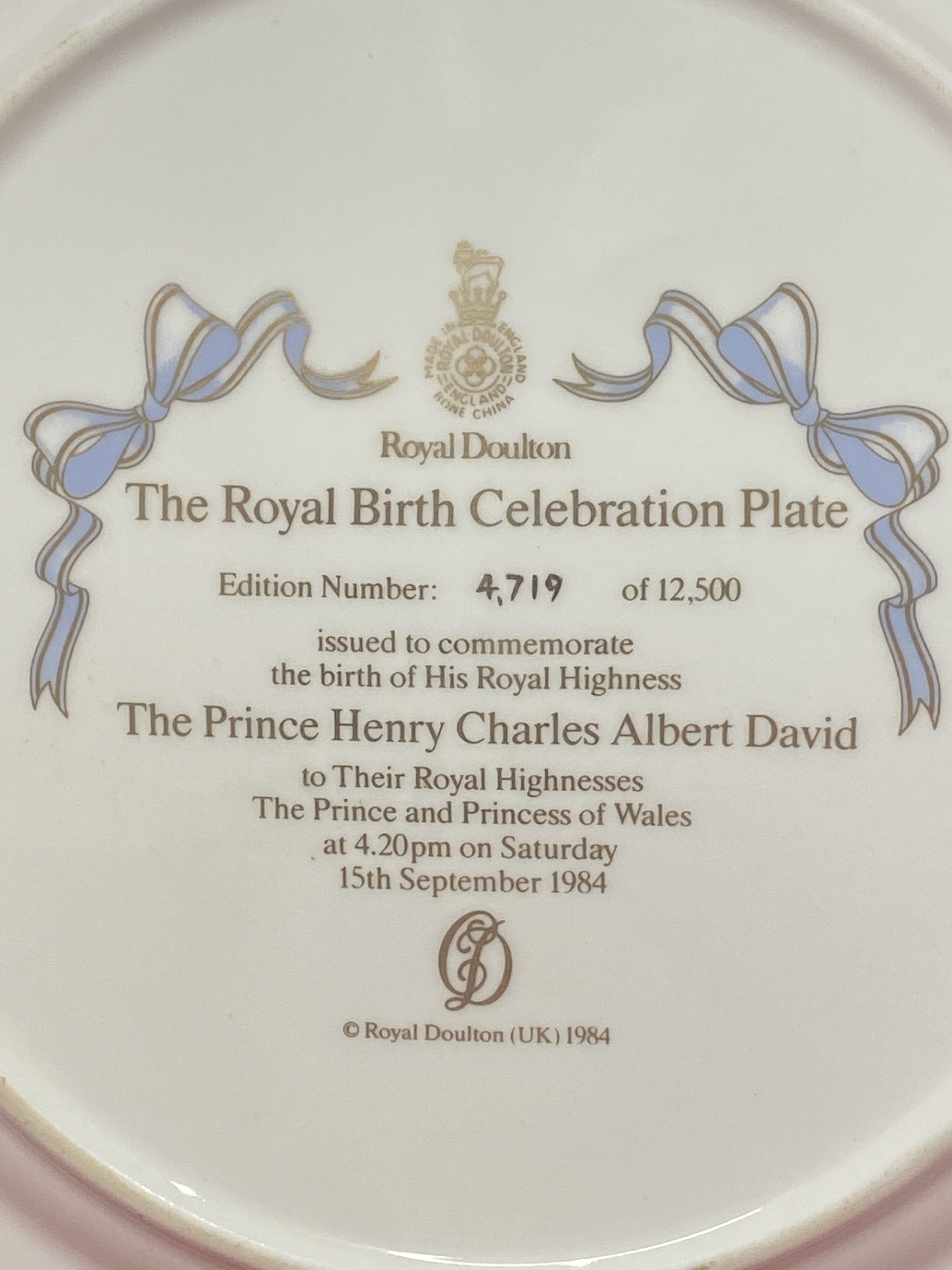 Royal Doulton The Birth Celebration Plate The Prince Henry Charles Albert David (1317) - Image 2