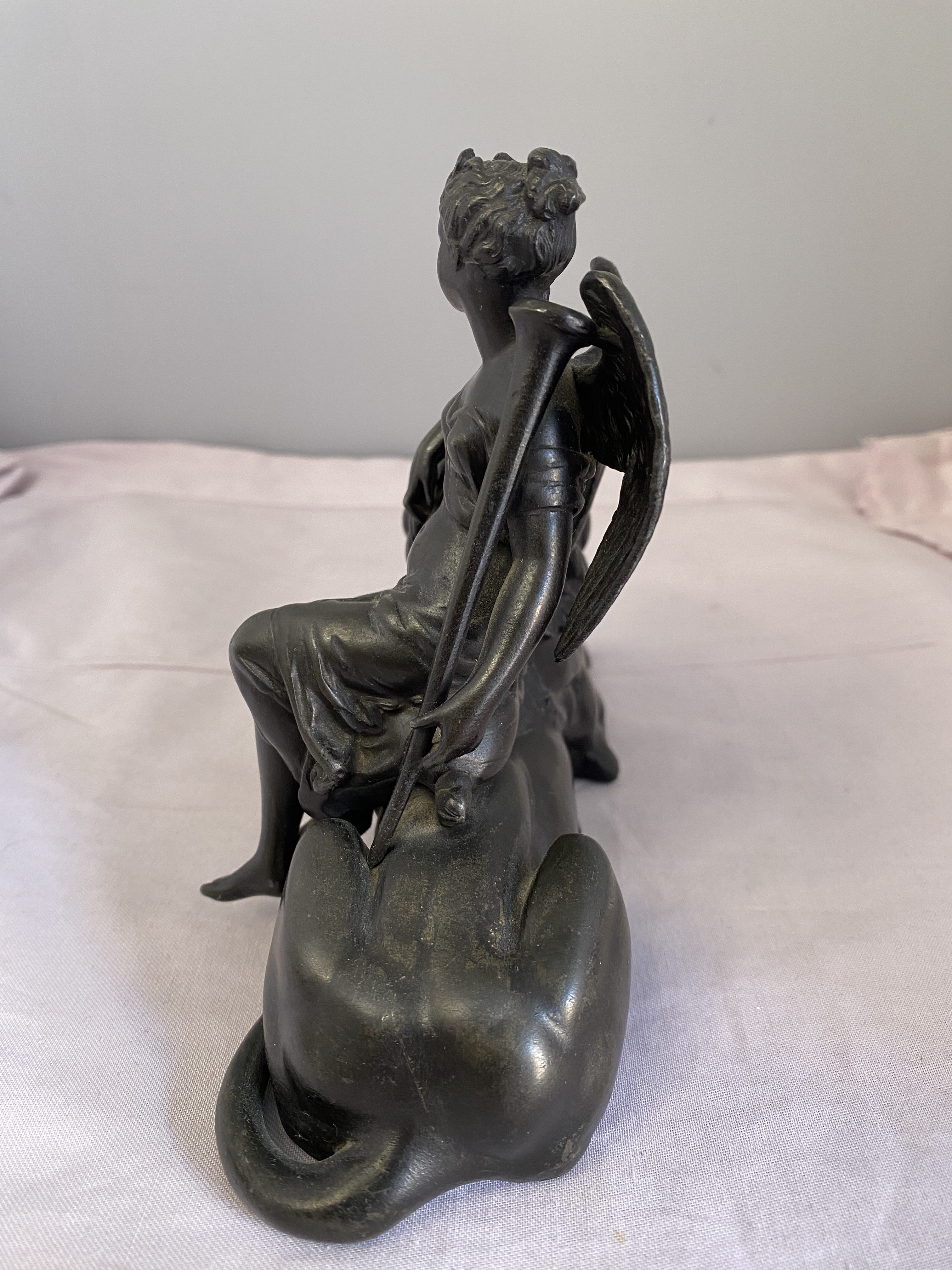 Victorian spelter angel sitting on lion (1318) - Image 6