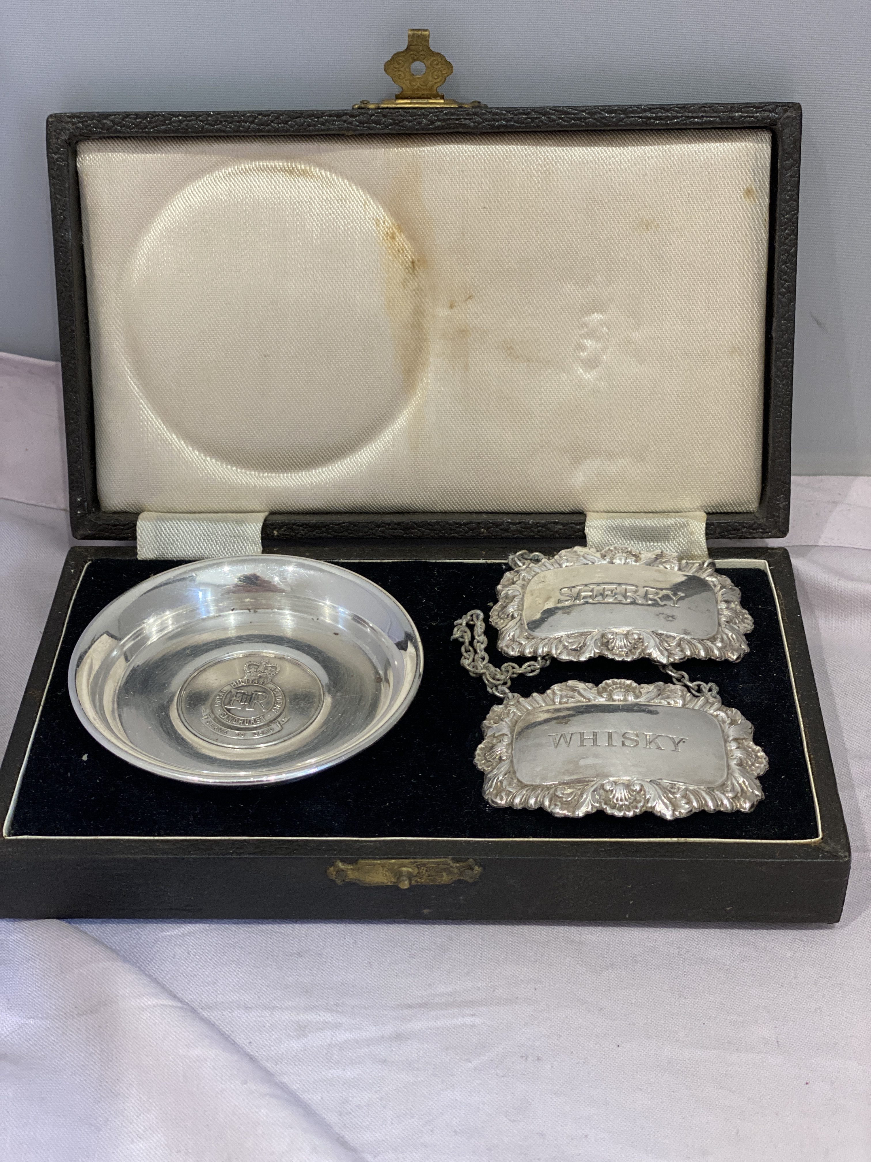 silver plate coaster with 2 silver plate decanter labels (1322)